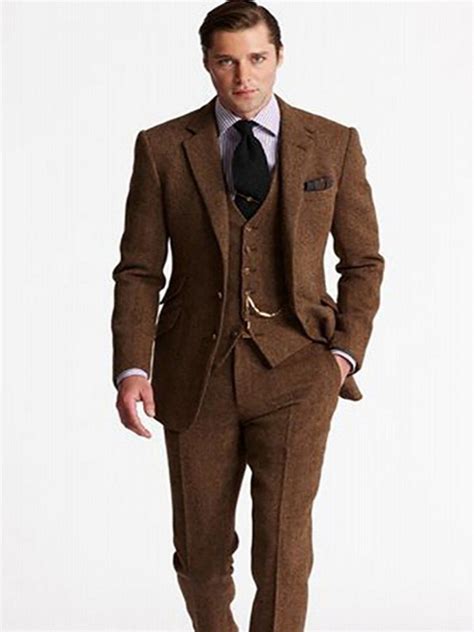 Últimos diseños 2019 traje de Tweed marrón para hombre trajes de