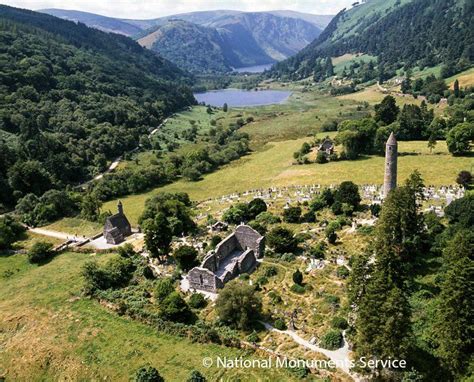 The extensive monastic complex at Glendalough is located in a glacial valley consisting of two ...