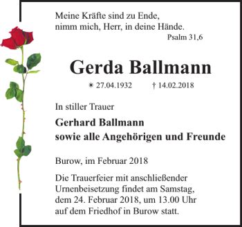 Traueranzeigen Von Gerda Ballmann Trauer Nordkurier