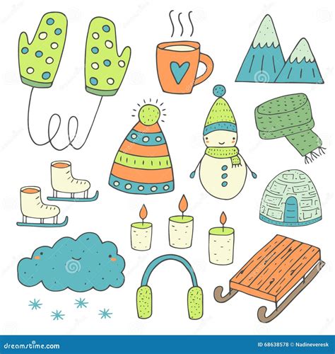 Hand Drawn Doodle Winter Objects Collection Stock Vector Illustration