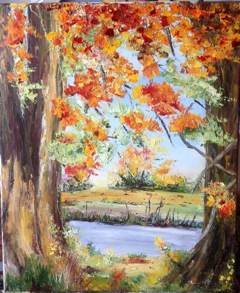 Au bord de la rivière en automne peinture à l huile au couteau tableau