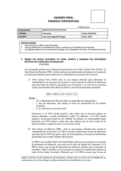 Finanzas Corporativas Ef Examen Final Finanzas Corporativas