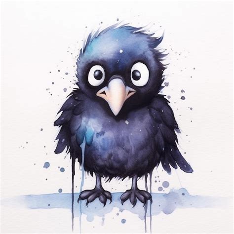 Uma pintura em aquarela de um pássaro preto um rosto azul e um olho