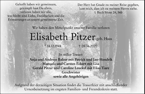 Traueranzeigen Von Elisabeth Pitzer Haas Vrm Trauer De