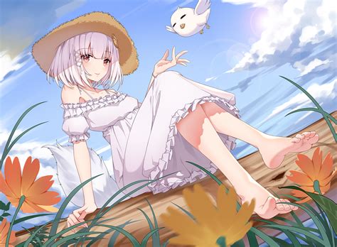 Anime Anime Girls Barefoot Feet Legs Dress Sitting Short Hair Flowers ...