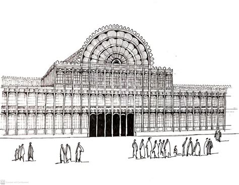 A Drawing Of People Walking In Front Of A Building With An Ornate Roof