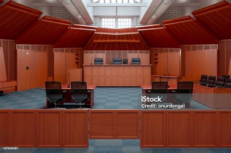 Empty Courtroom With Empty Chairs Wooden Desks And Jury Box Stock Photo ...