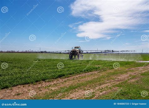 Campo De Trigo Fumigado Por Tractores Imagen De Archivo Imagen De