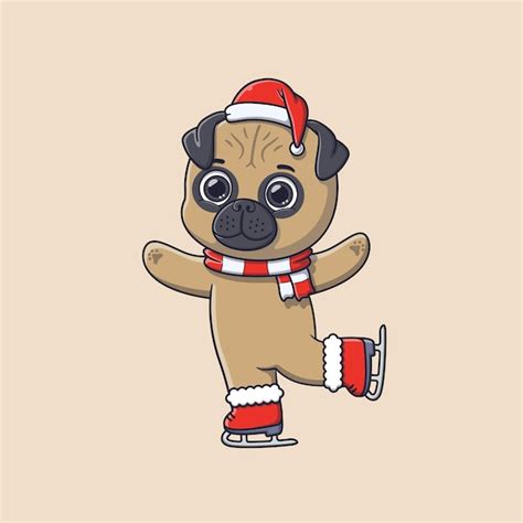 Lindo Perro Pug En Patines De Hielo Vector Premium