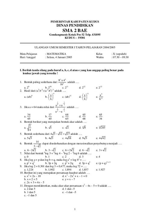 Contoh Soal Matematika Kelas 11 Semester 1 Pelajaranku