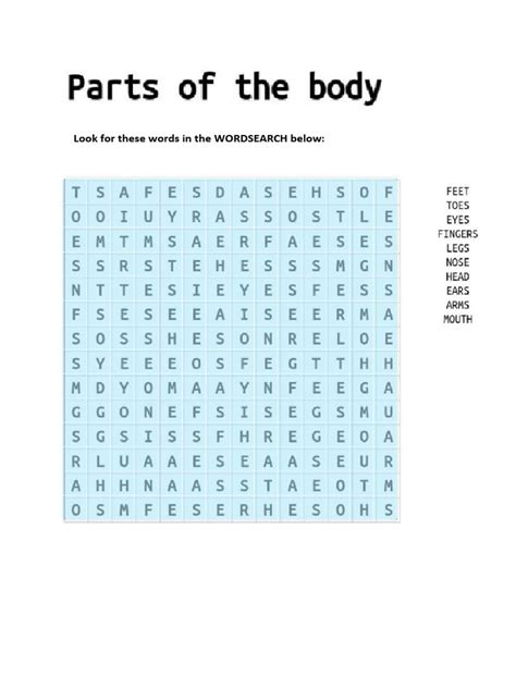 Parts Of The Body Wordsearch Pdf