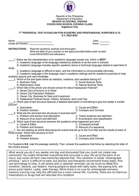 1st Periodical Test In Eapp Republic Of The Philippines Department Of