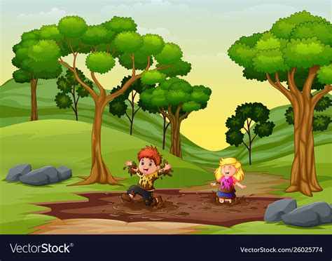 Happy kids playing a mud puddle in nature Vector Image