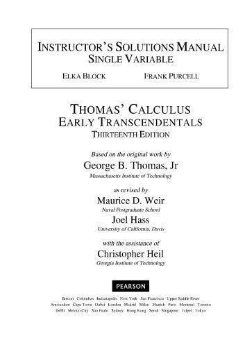 Instructors Solutions Manual To Thomas Calculus Early Transcendentals ...
