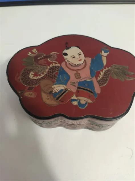 SUPERBE BOÎTE CHINOISE Ancienne Peinte à La Main enfant et dragon EUR