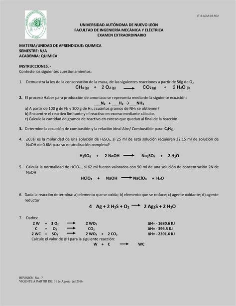 Examen Extraordinario Qu Mica Examen Extraordinario De Quimica