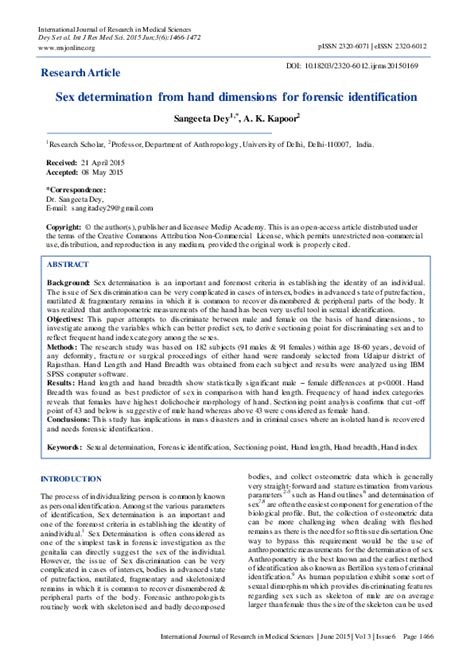 Pdf Sex Determination From Hand Dimensions For Forensic Identification