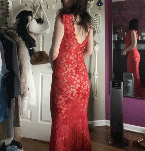 Red Lace With Nude Lining Formal Prom Gown Gem