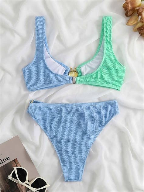 Emmiol Free Shipping 2023 Metal Embellish Patchwork Smocked Bikini Set