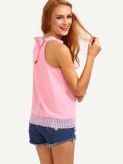 Lace Trimmed Halter Neck Chiffon Top Pink Sheinsheinside