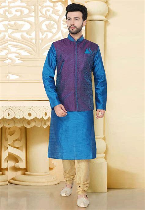 BLue Silk Readymade Kurta Pajama With Jacket 165754 Indian Men