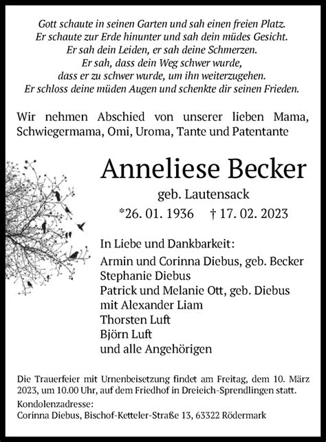 Traueranzeigen Von Anneliese Becker Trauer Op Online De