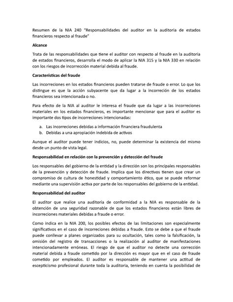 Resumen De La NIA 240 Responsabilidades Del Auditor Resumen De La NIA