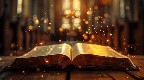 Abre El Libro Sagrado De La Biblia Con Luces Brillantes En La Iglesia