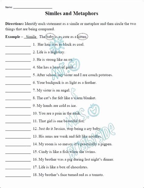 50 Similes And Metaphors Worksheet Similes And Metaphors Simile Worksheets Library