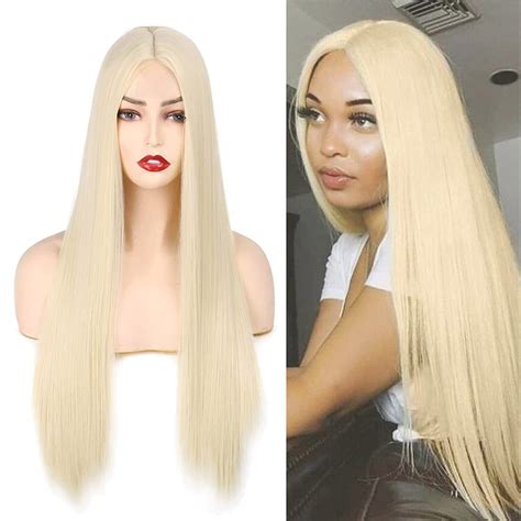 Platinum Blonde Wig Long Straight Synthetic Wigs For Women Heat