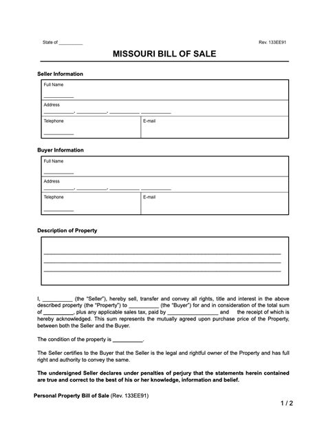 Printable Bill Of Sale Missouri