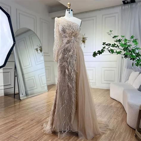 Serene Hill Caramel Mermaid With Overskirt One Shoulder Beaded Feathers Evening Dresses Gowns