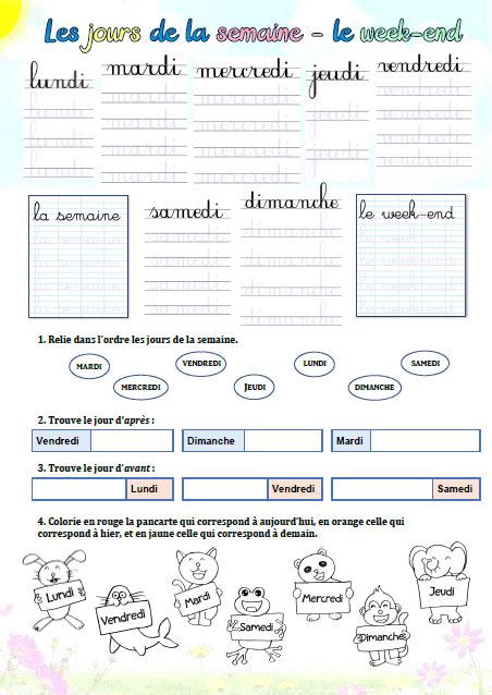 Écriture cursive Exercices sur les jours de la semaine mis à jour