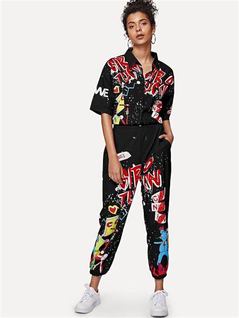 Graffiti Print Shirt Detail Jumpsuit Shein Cool Outfits Summer