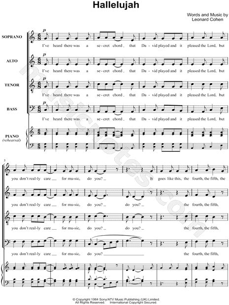 Leonard Cohen Hallelujah Satb Choir A Cappella Choral Sheet Music In