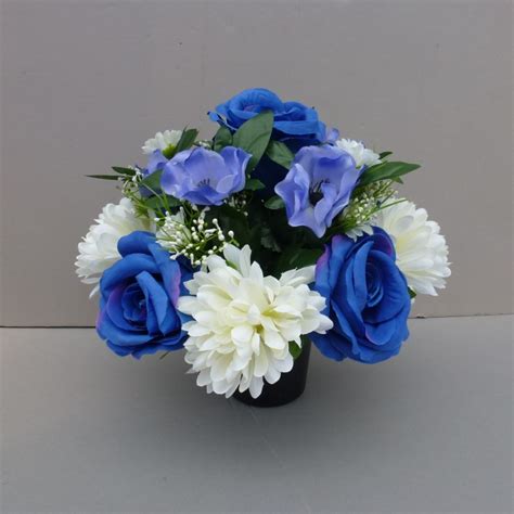 Artificial Flower Pot With Blue Roses Anemones And White Daisies