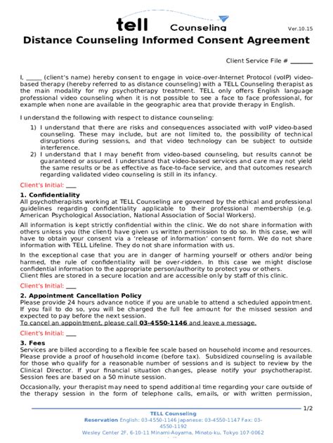 Ined Consent Client Counselor Service Agreement Doc Template Pdffiller