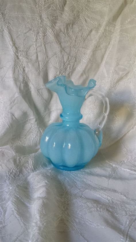 Vintage Fenton Blue Ruffled Edge Melon Art Glass Pitcher W Clear Handle Fenton Glass Art