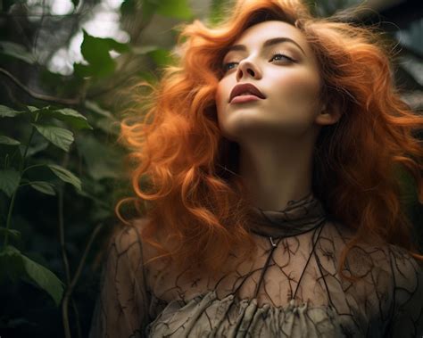 Premium AI Image A Woman With Red Hair Posing In A Forest