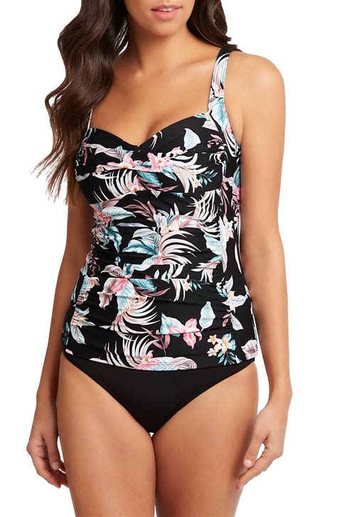 Sea Level Twist Front Multifit Floral Tankini Top Black Editorialist