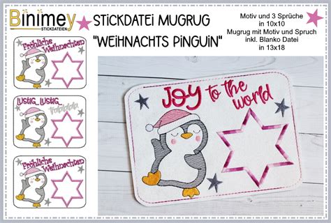 Stickdatei Mugrug Pinguin Weihnacht Binimey