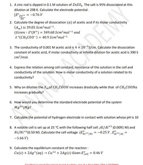 1 A Zinc Rod Is Dipped In 0 1M Solution Of ZnSO4 The Salt Is 95 Disso
