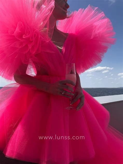 Fluffy Ruffled Hot Pink Tulle Short Dress With Long Train Lunss