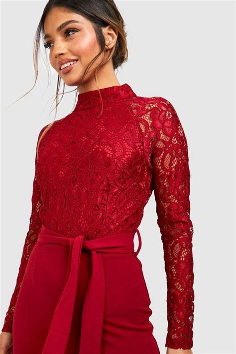 Dresses High Neck Long Sleeve Lace Midi Dress Boohoo