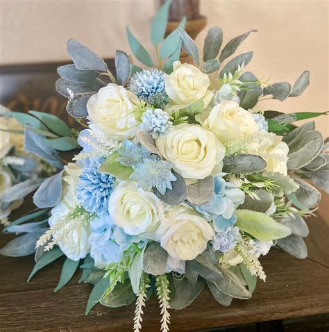 Dusty Blue White Wedding Bouquet Light Blue Cream Bridal Etsy