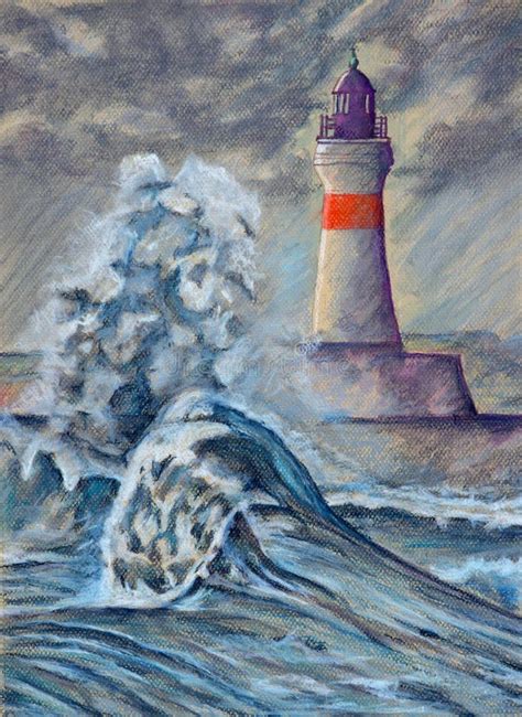 Pastel Painting of Stormy Sea with Large Waves and Lighthouse. Stock ...