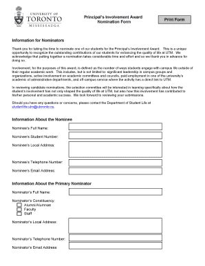 Fillable Online Utm Utoronto Principal S Involvement Award Working