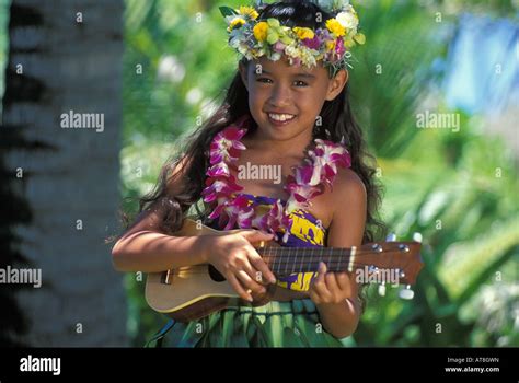 Beautiful Hawaiian Girl Age7 Playing Ukulele With Orchid Lei And Haku