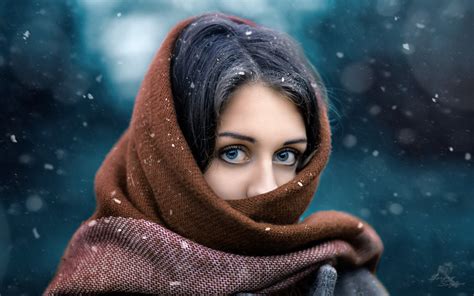 Women Brunette Women Outdoors Snow Black Hair Blue Eyes Face Portrait