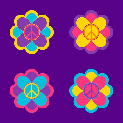 Premium Vector Set Of Flowers In Hippie Style With Peace Symbols On